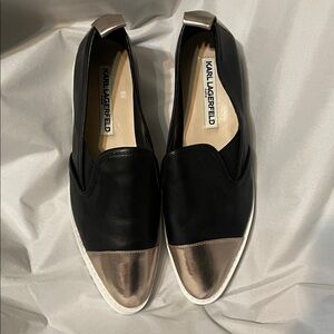 Karl Lagerfeld Black Slip-Ons with Metallic Toe